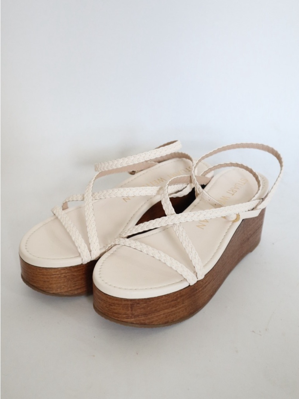 NEW Stuart Weitzman Cream Braided-Strap Platform Sandals